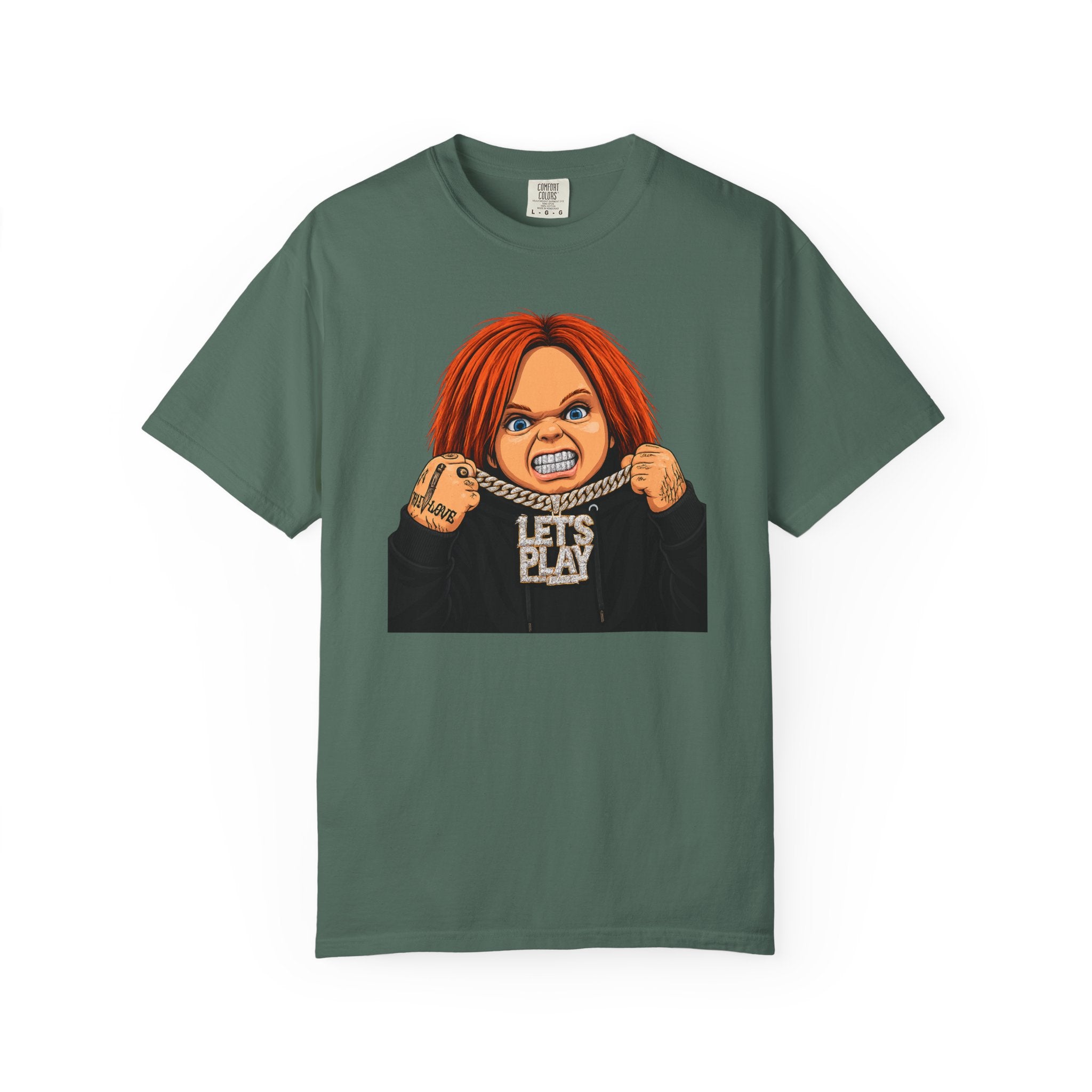 Chucky "Let's Play" Horror Tee — "No Mercy" Back Graphic