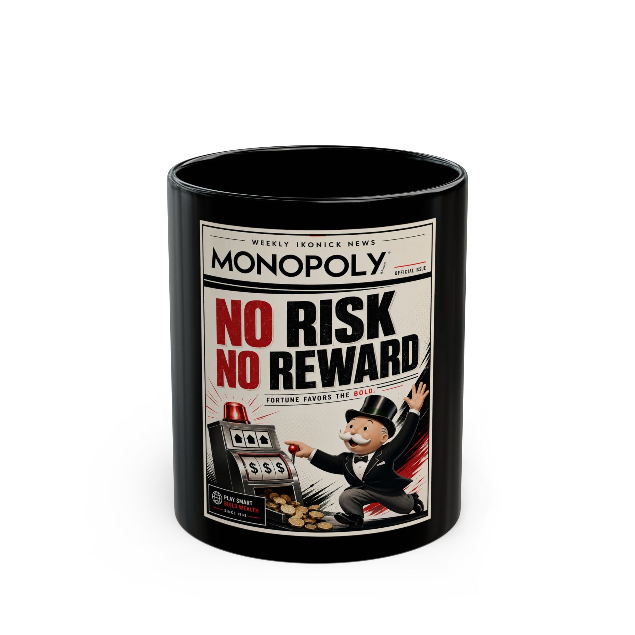 Monopoly 'No Risk No Reward' Black Coffee Mug (11oz & 15oz) — Retro Game Poster Design