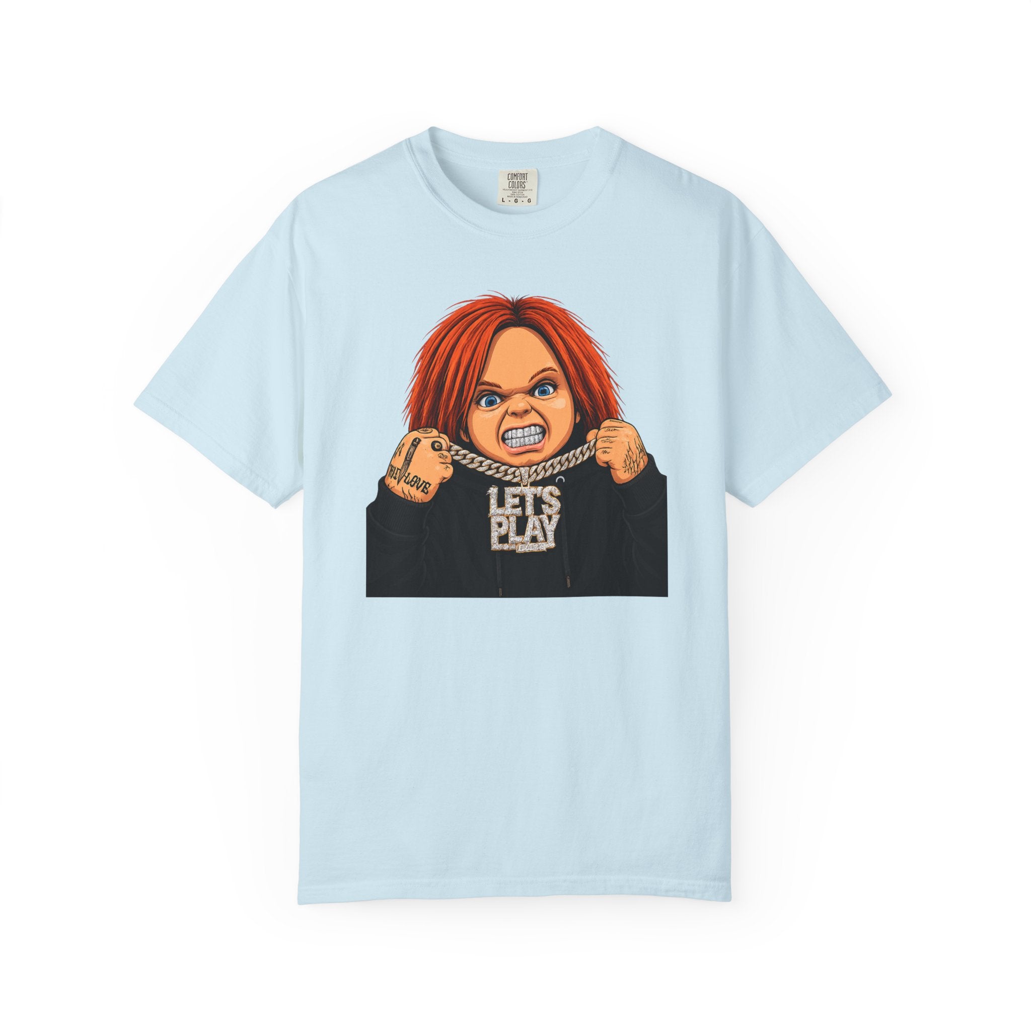 Chucky "Let's Play" Horror Tee — "No Mercy" Back Graphic
