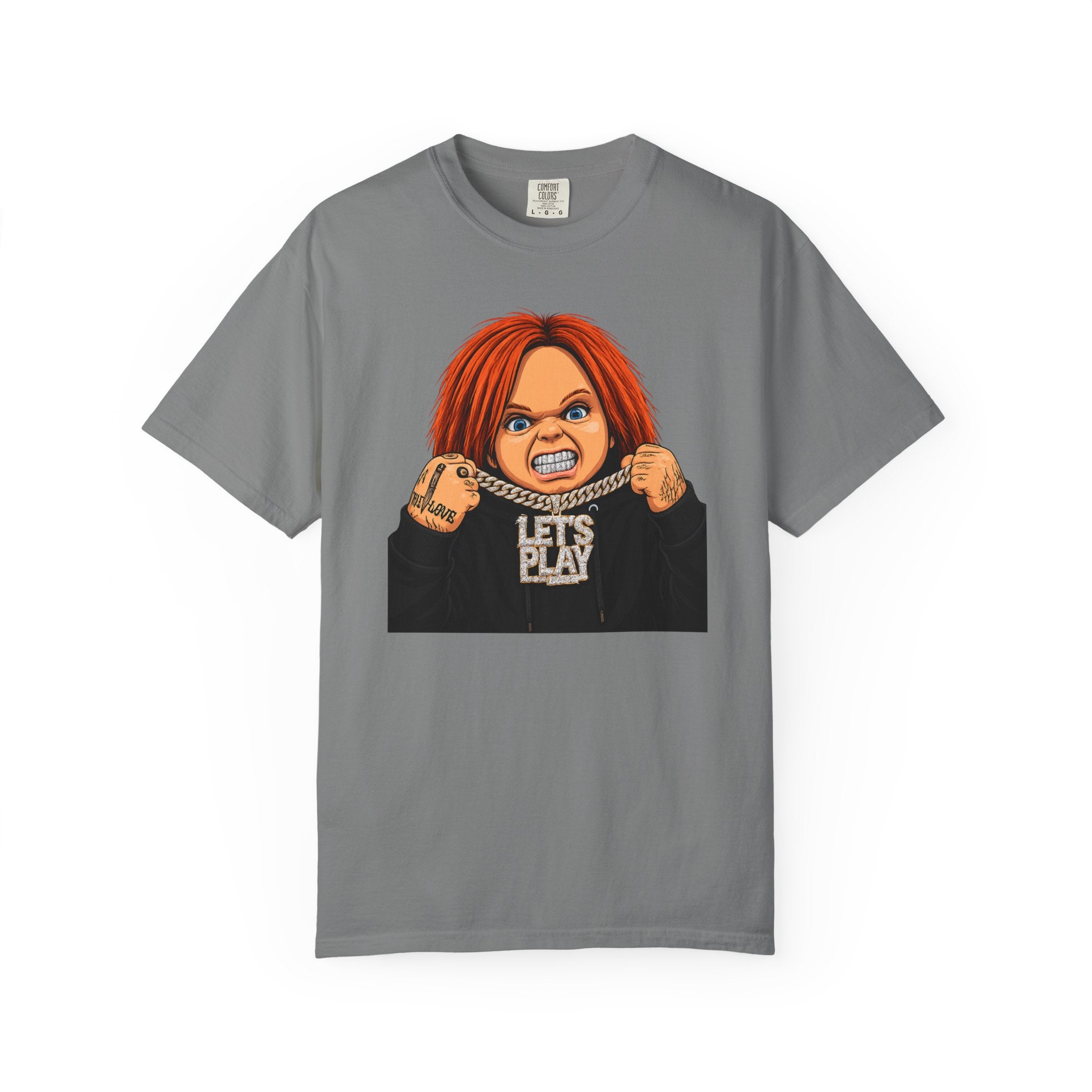 Chucky "Let's Play" Horror Tee — "No Mercy" Back Graphic