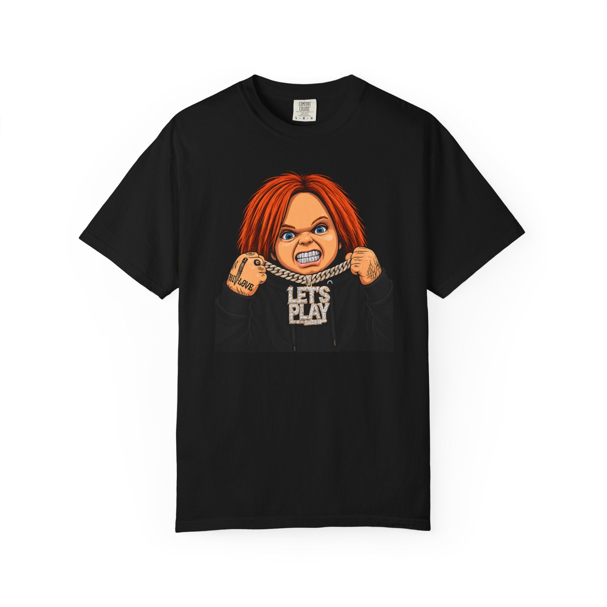 Chucky "Let's Play" Horror Tee — "No Mercy" Back Graphic