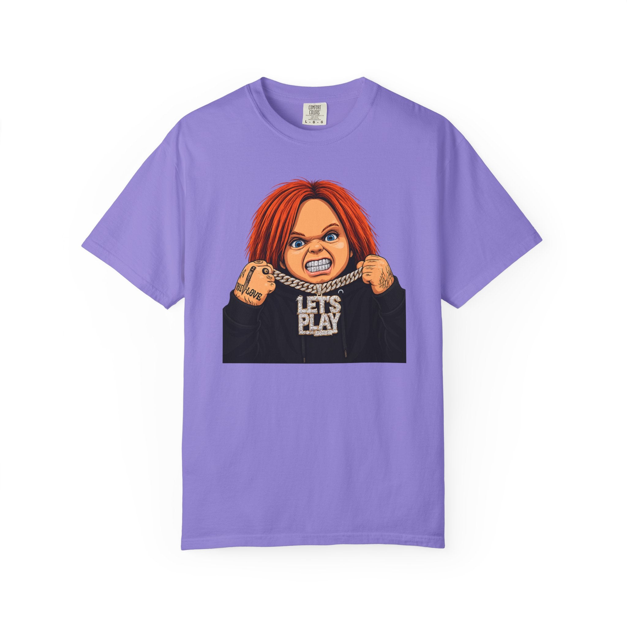 Chucky "Let's Play" Horror Tee — "No Mercy" Back Graphic