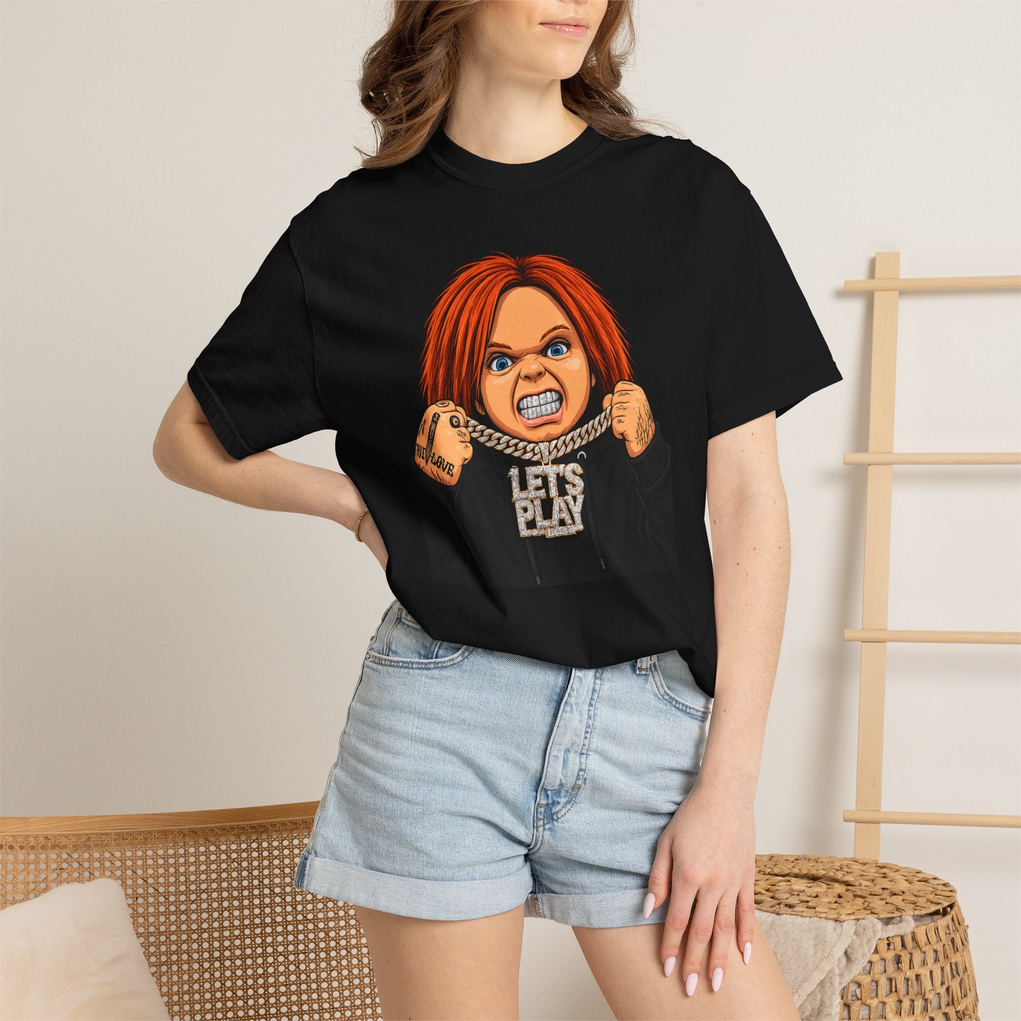 Chucky "Let's Play" Horror Tee — "No Mercy" Back Graphic