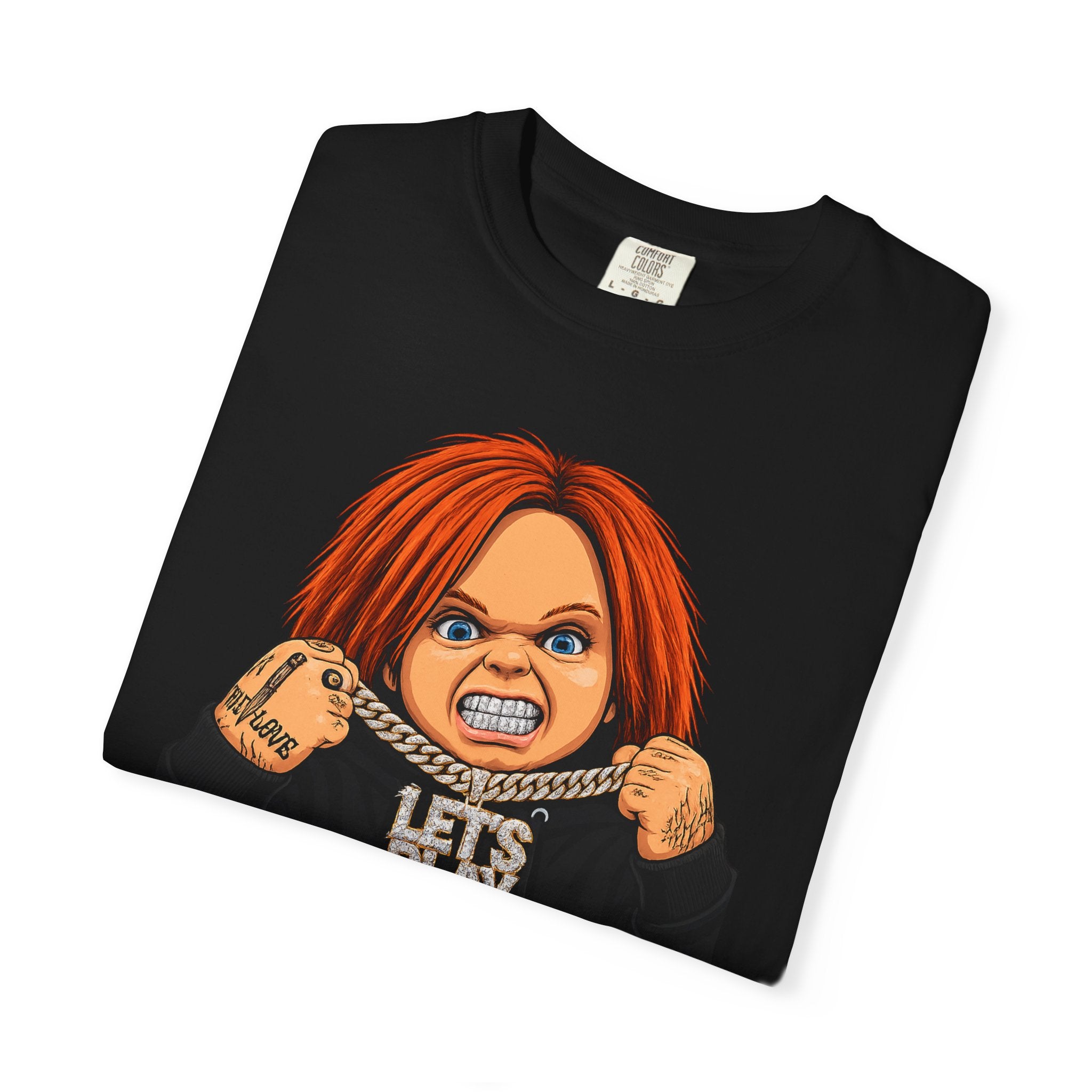 Chucky "Let's Play" Horror Tee — "No Mercy" Back Graphic