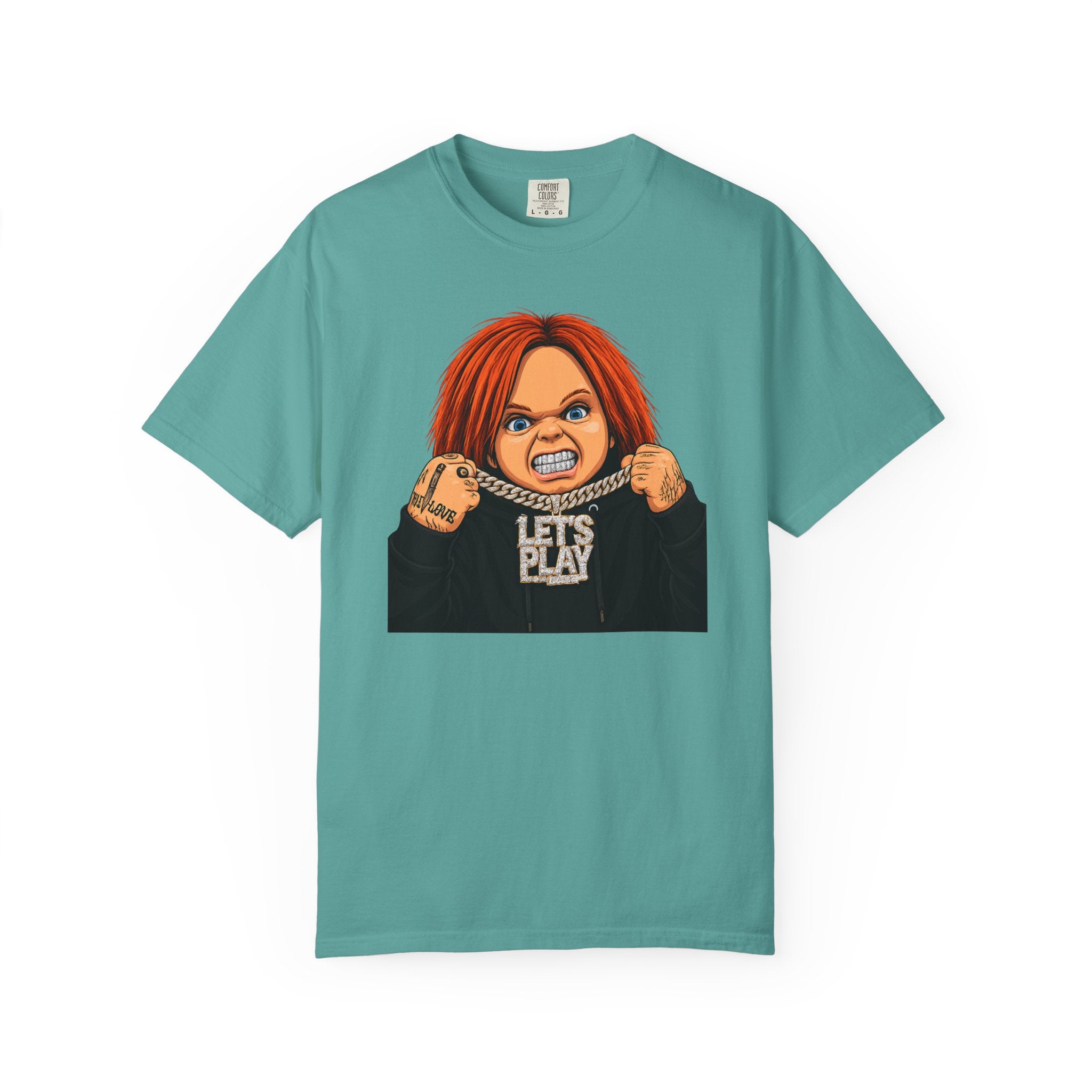 Chucky "Let's Play" Horror Tee — "No Mercy" Back Graphic