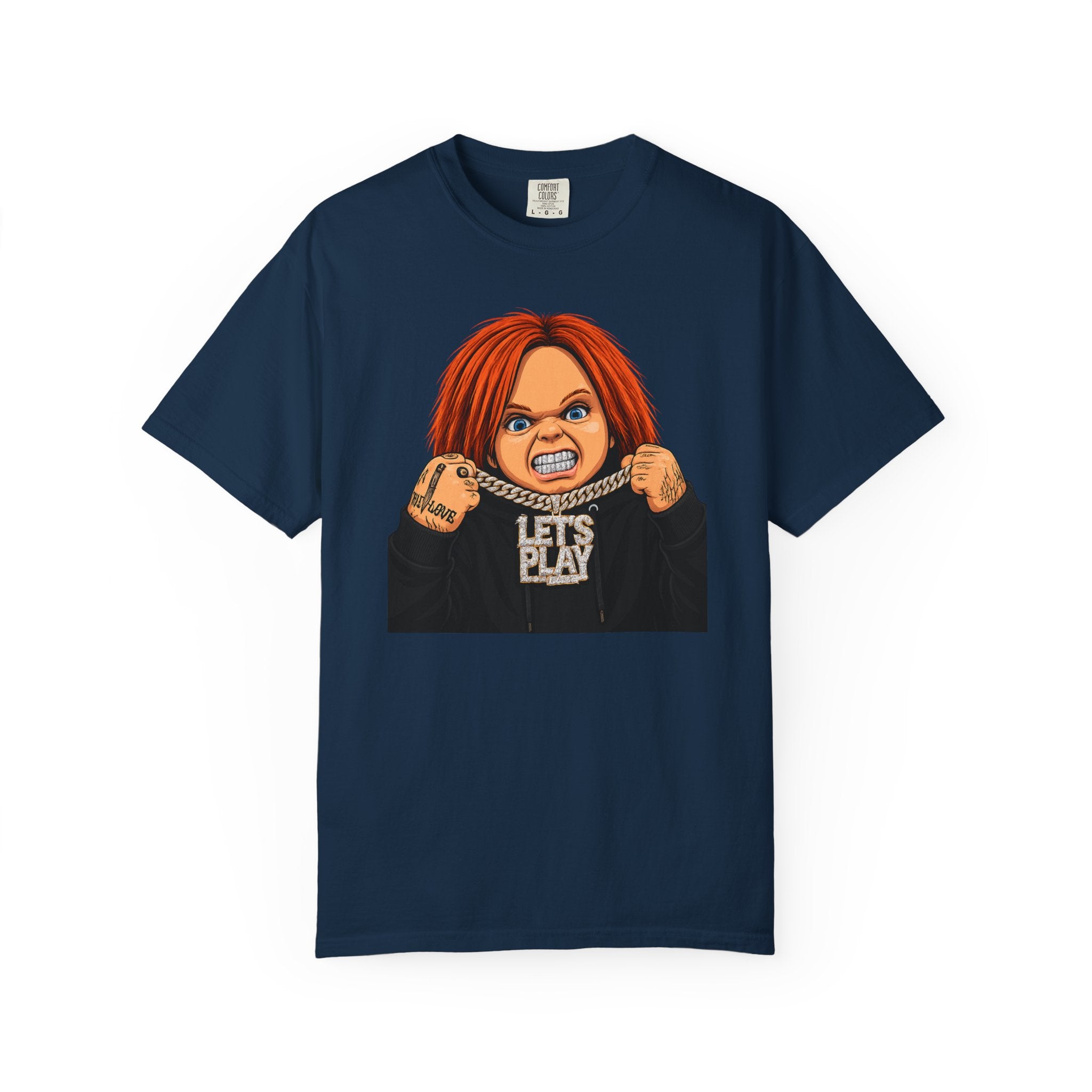 Chucky "Let's Play" Horror Tee — "No Mercy" Back Graphic
